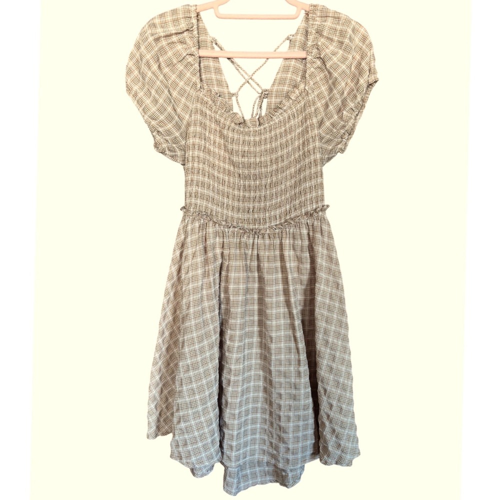 Mable‎ Plaid Smocked Mini Dress L Cottagecore Coquette Puff Sleeve Aesthetic